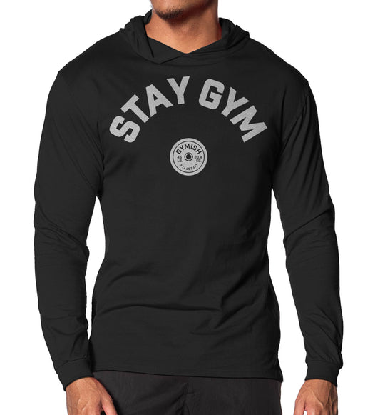 130. Stay Gym Lightweight Long Sleeve Hooded T-shirt for Men Silver On Black Hoodie T-Shirt GYMISH LIFESTYLE