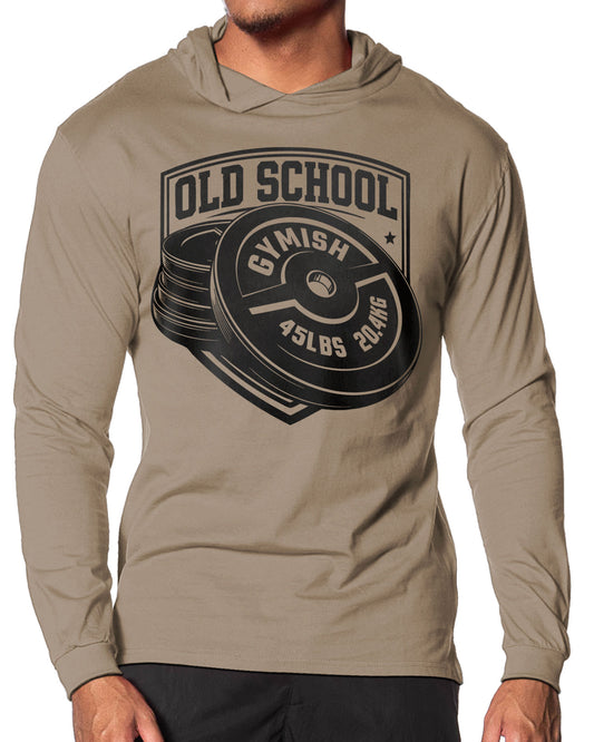 147. Old School Lightweight Long Sleeve Hooded T-shirt for Men Khaki Hoodie T-Shirt GYMISH LIFESTYLE