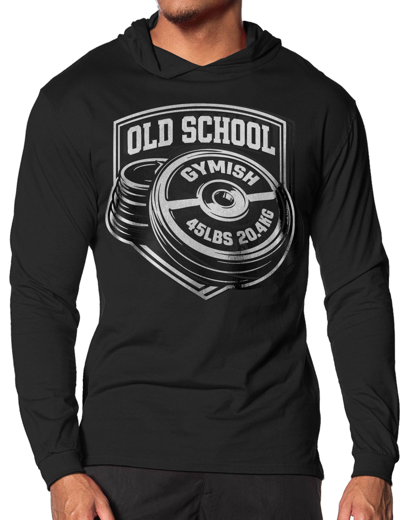 147. Old School Lightweight Long Sleeve Hooded T-shirt for Men Silver On Black Hoodie T-Shirt GYMISH LIFESTYLE