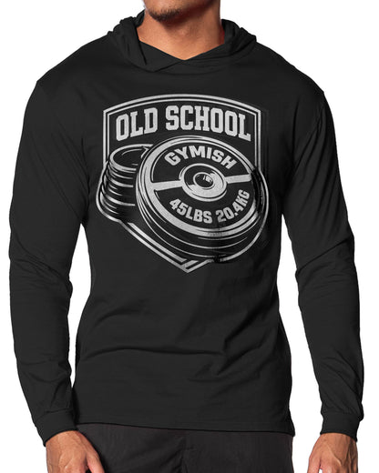 147. Old School Lightweight Long Sleeve Hooded T-shirt for Men Silver On Black Hoodie T-Shirt GYMISH LIFESTYLE