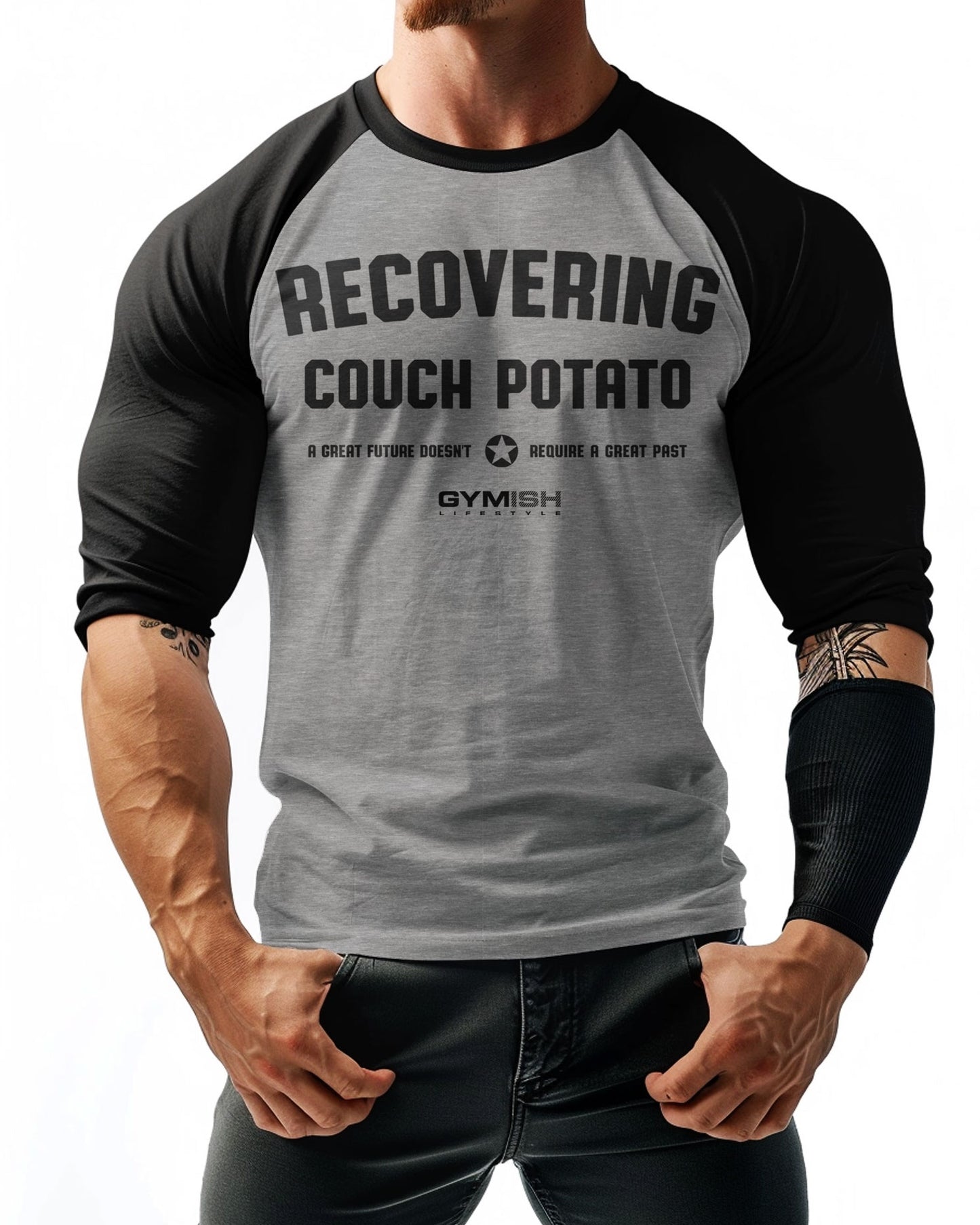 30- RAGLAN Recovering Couch Potato Workout Gym T-Shirt for Men