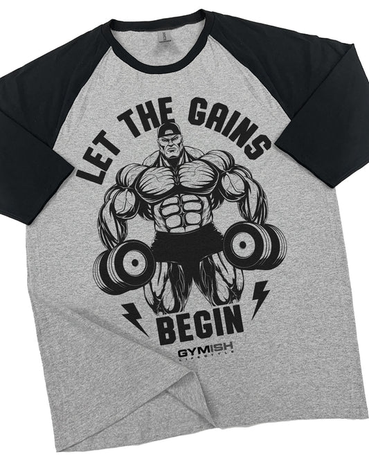 31- RAGLAN Let The Gains Begin Workout Gym T-Shirt for Men