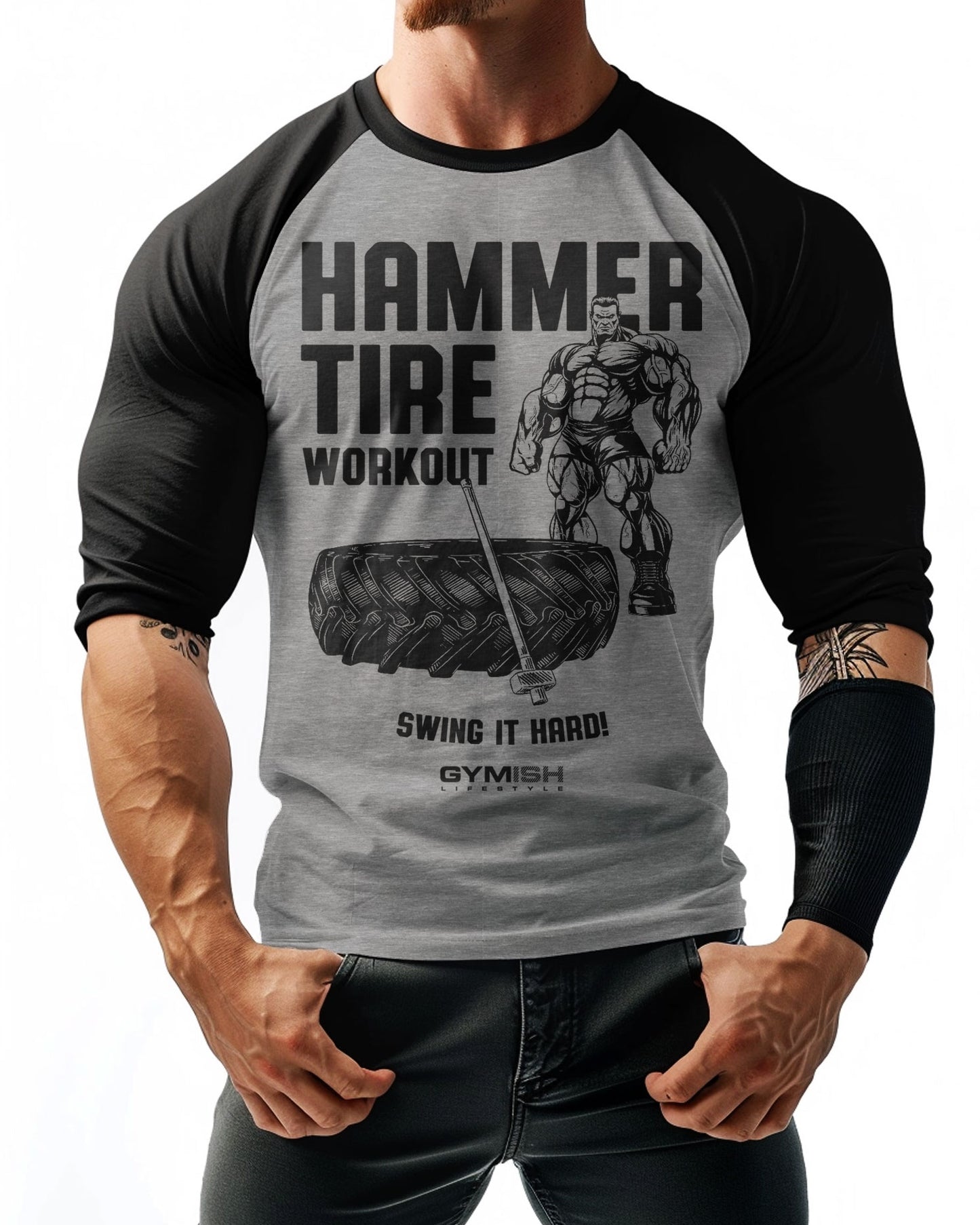50- RAGLAN Hammer Tire Workout Gym T-Shirt for Men