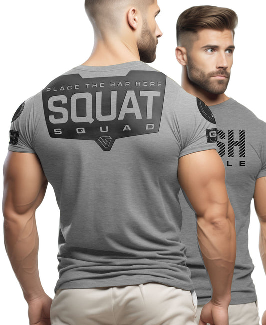 094. Squat Squad Rubber Back Design Funny Workout Gym T-Shirt for Men T-Shirt GYMISH LIFESTYLE