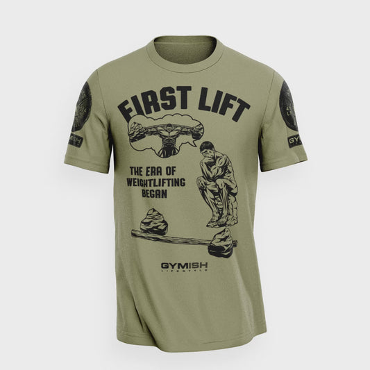 038. First Lift Funny Motivational Workout Gym T-Shirt for Men