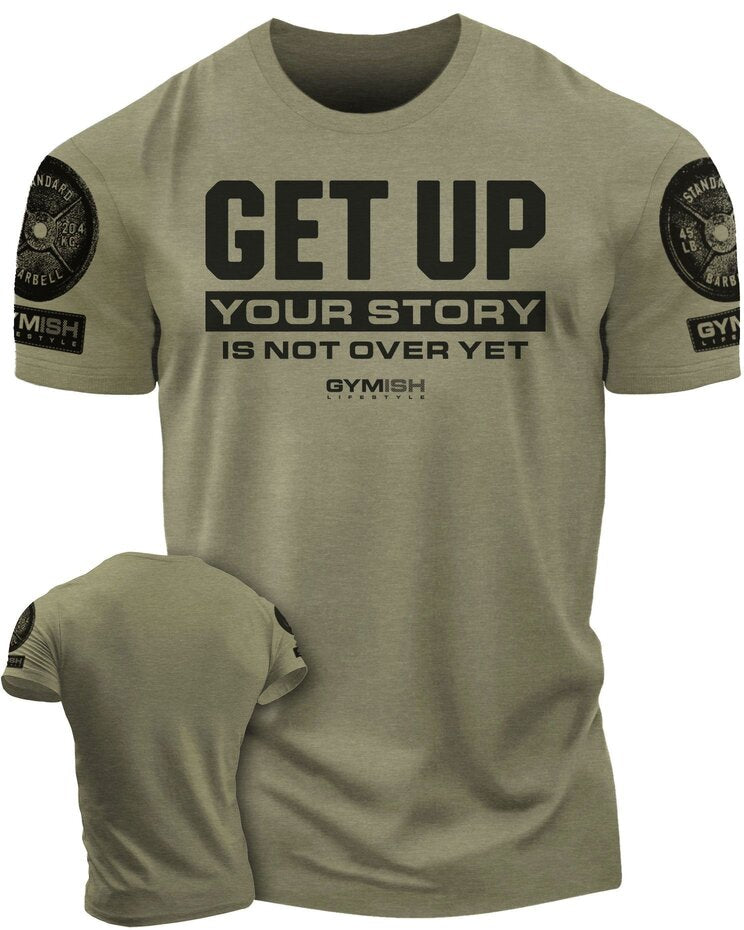 073. Get Up Funny Workout Gym T-Shirt for Men T-Shirt Military Green with Sleeve Logo T-Shirt GYMISH LIFESTYLE