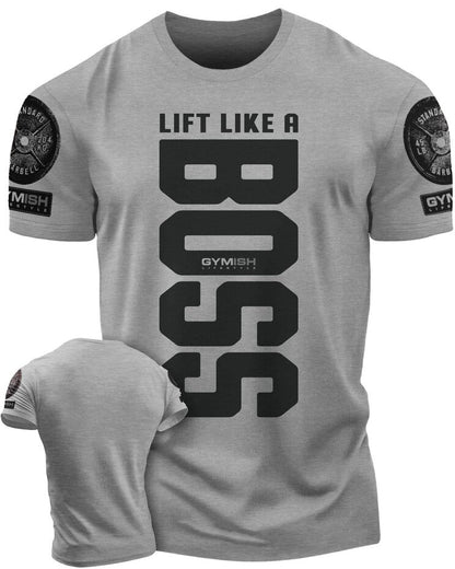 012. Lift Like A Boss Funny Motivational Workout Gym T-Shirt for Men T-Shirt Heather Grey with Sleeve Logo T-Shirt GYMISH LIFESTYLE