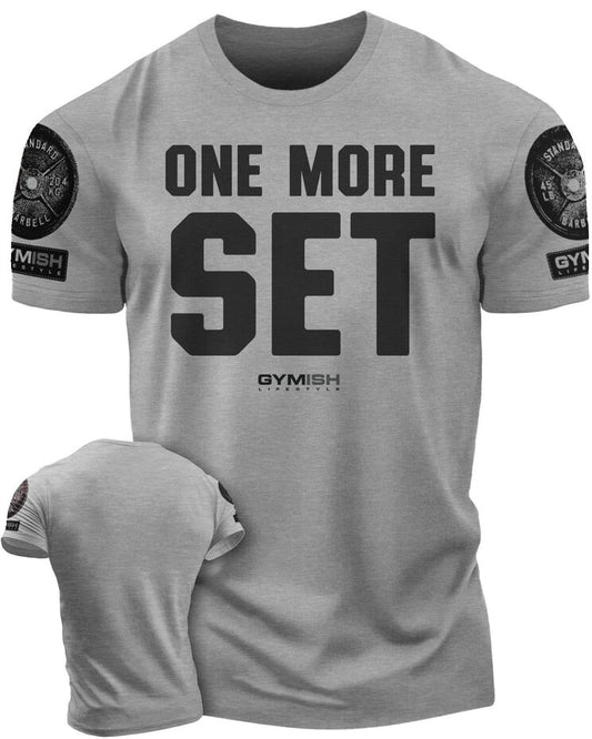 018. One More Set Funny Motivational Workout Gym T-Shirt for Men T-Shirt Heather Grey with Sleeve Logo T-Shirt GYMISH LIFESTYLE