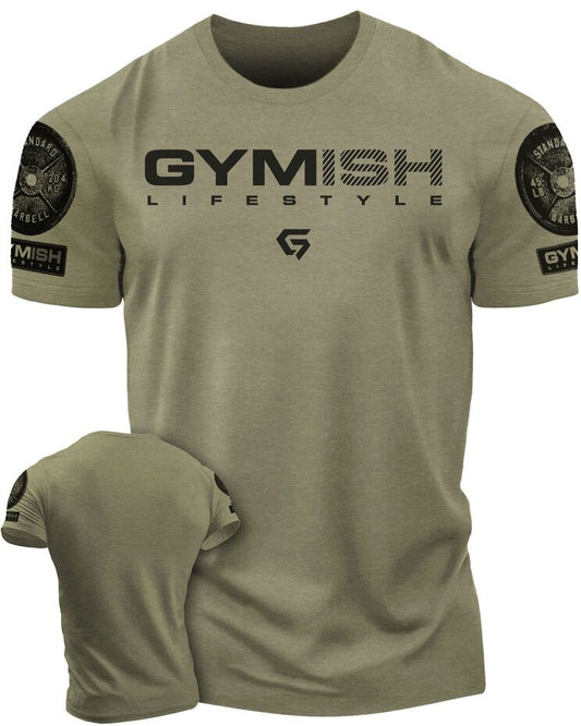 047. Gymish Lifestyle Funny Motivational Workout Gym T-Shirt for Men T-Shirt Military Green with Sleeve Logo T-Shirt GYMISH LIFESTYLE