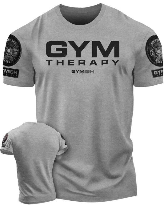 055. Gym Therapy Funny Motivational Workout Gym T-Shirt for Men T-Shirt Heather Grey with Sleeve Logo T-Shirt GYMISH LIFESTYLE