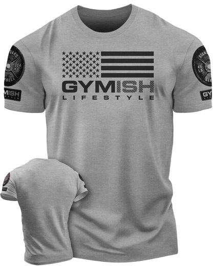 074. Gymish Flag Funny Workout Gym T-Shirt for Men T-Shirt Heather Grey with Sleeve Logo T-Shirt GYMISH LIFESTYLE