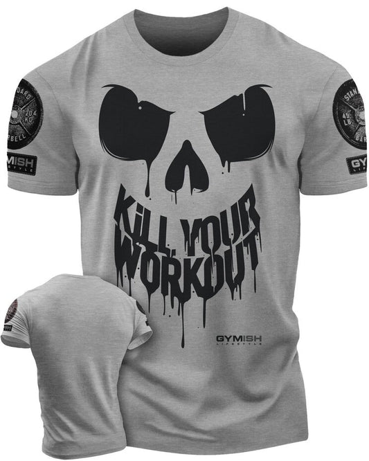 078. Kill Your Workout Funny Gym T-Shirt for Men T-Shirt Heather Grey with Sleeve Logo T-Shirt GYMISH LIFESTYLE