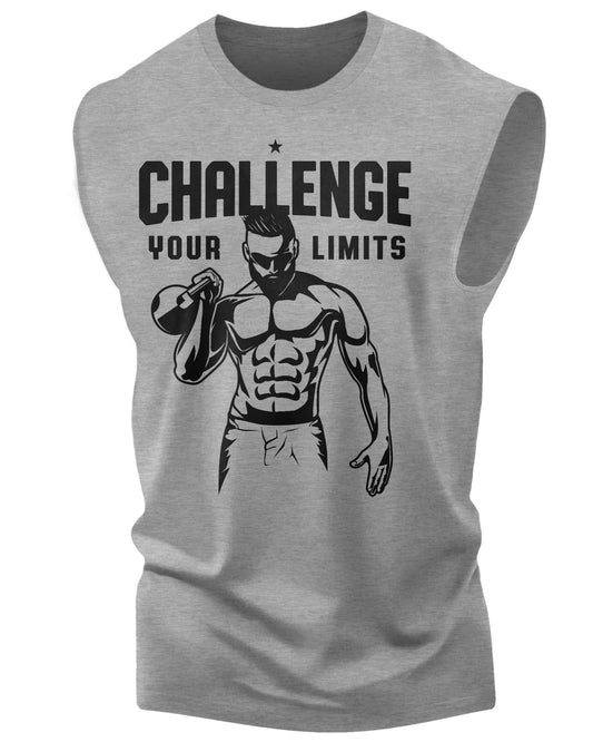 006. Challenge Your Limits Funny Workout Muscle Tank Top for Men Heather Grey T-Shirt GYMISH LIFESTYLE